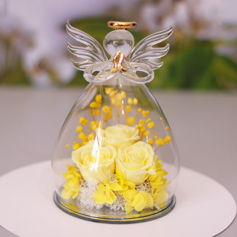 Eternal Flower Gift Box Angel Glass Cover Dried Rose Gift Box For Christmas New Year Valentine's Day Home Decor-V Home Decor