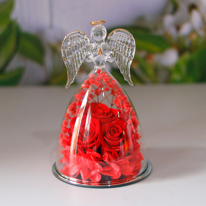 Eternal Flower Gift Box Angel Glass Cover Dried Rose Gift Box For Christmas New Year Valentine's Day Home Decor-V Home Decor