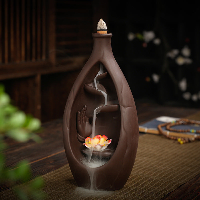 🎁 Ceramic Waterfall Incense Burner Buddha Hand Censer Holder Indoor Smoke Backflow Incense Fountain Buddhist Altar Table Decor (100% off)