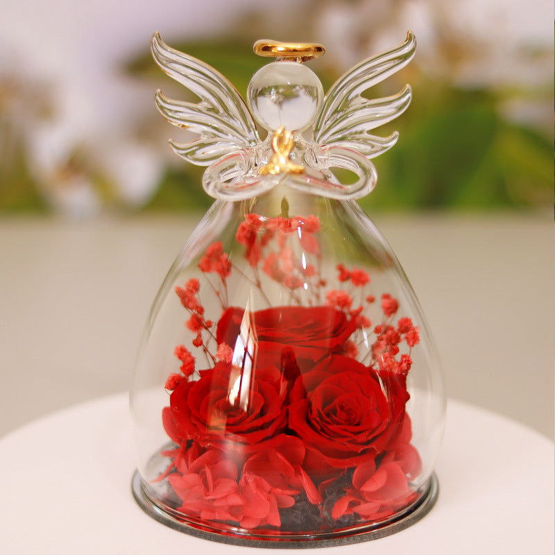 Eternal Flower Gift Box Angel Glass Cover Dried Rose Gift Box For Christmas New Year Valentine's Day Home Decor-V Home Decor