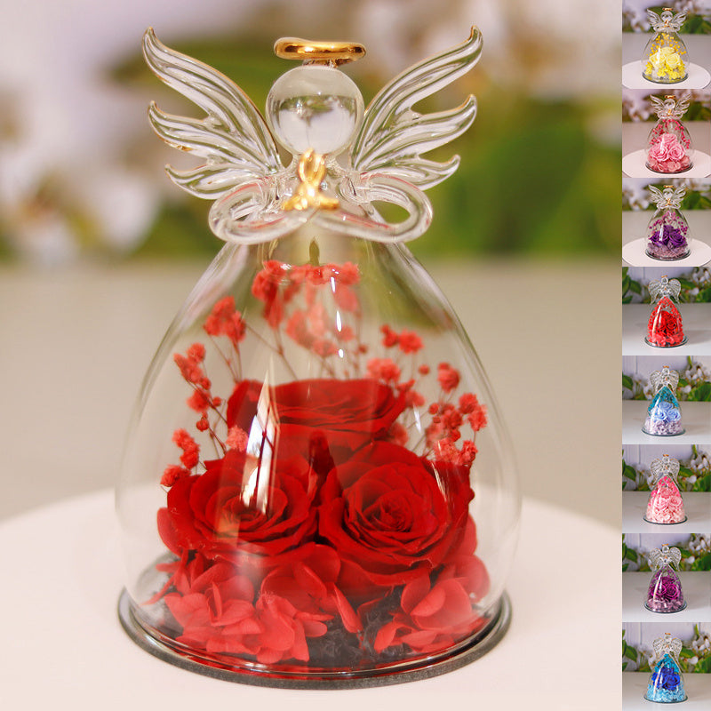 Eternal Flower Gift Box Angel Glass Cover Dried Rose Gift Box For Christmas New Year Valentine's Day Home Decor-V Home Decor