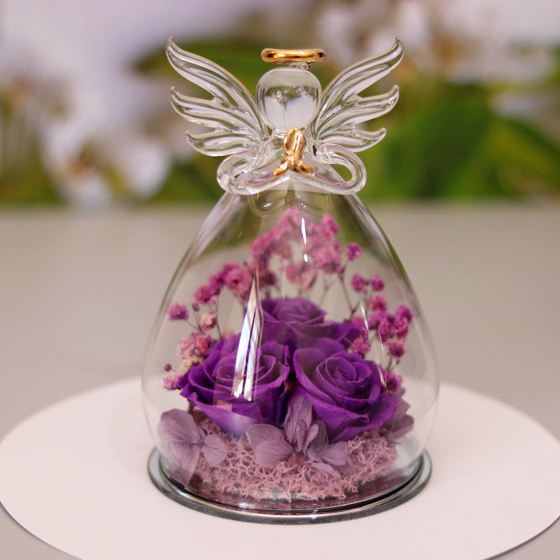 Eternal Flower Gift Box Angel Glass Cover Dried Rose Gift Box For Christmas New Year Valentine's Day Home Decor-V Home Decor