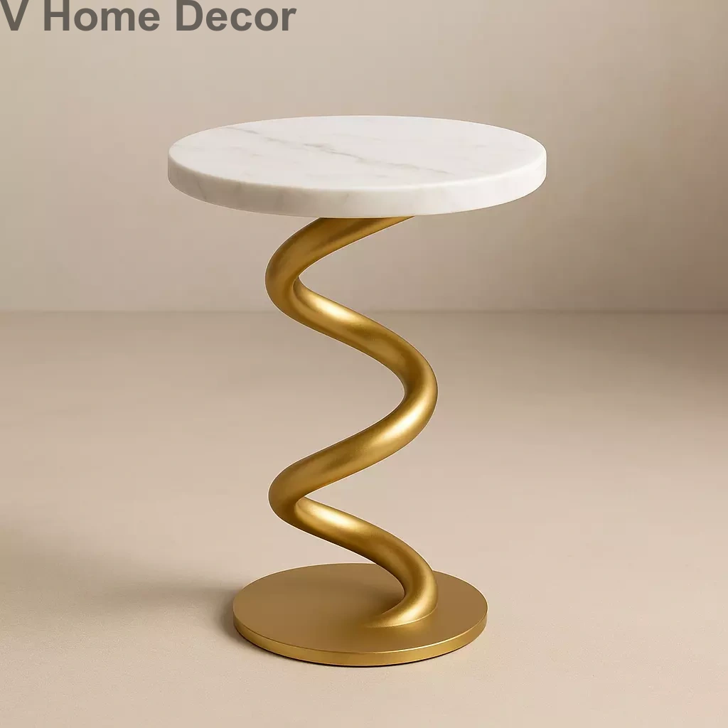 Kundalini Mini Pedestal Table (15” Marble Top) – Gold Color Spiral Accent Stand