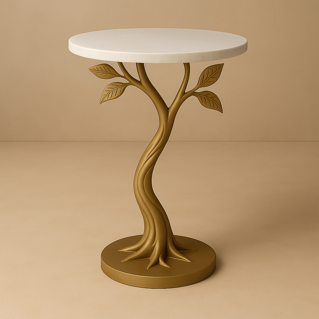 Vrindavan Tree Side Table (15” Marble Top) – Sacred Forest Pedestal in Sculpted Form