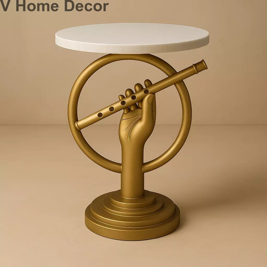 Flute Halo Side Table J (15” Marble Top) – Krishna’s Divine Melody Cast in Sculptural Light