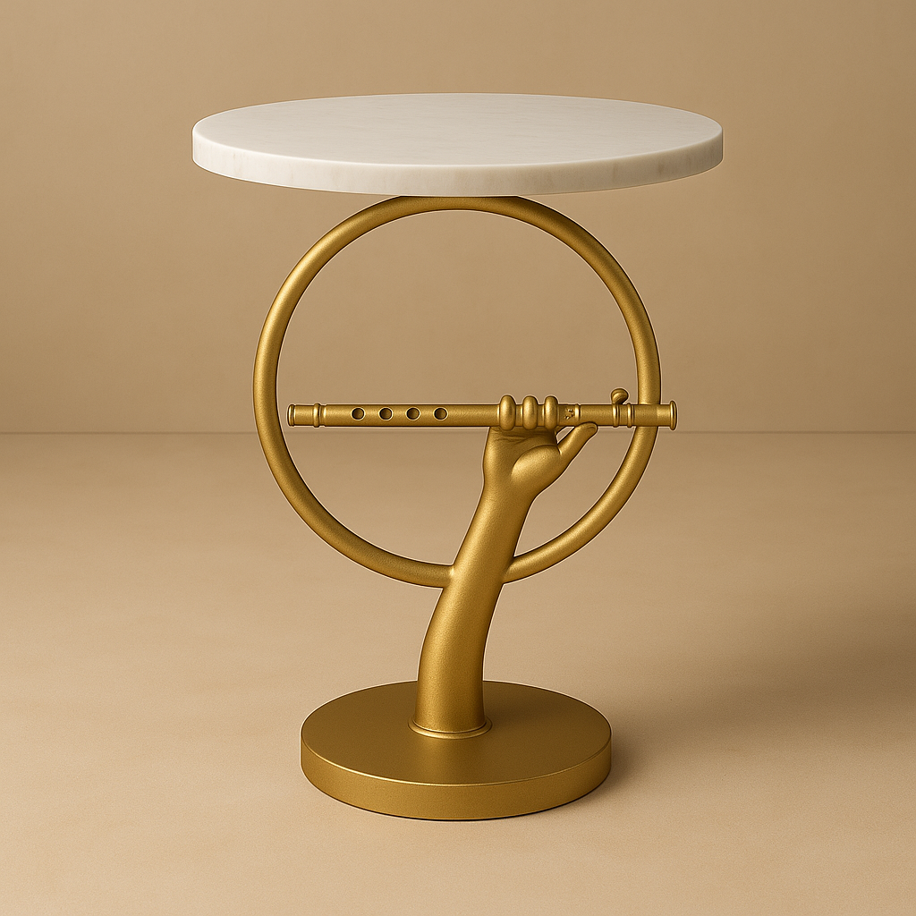 Flute Halo Side Table K (15” Marble Top) – Krishna’s Divine Melody Cast in Sculptural Light