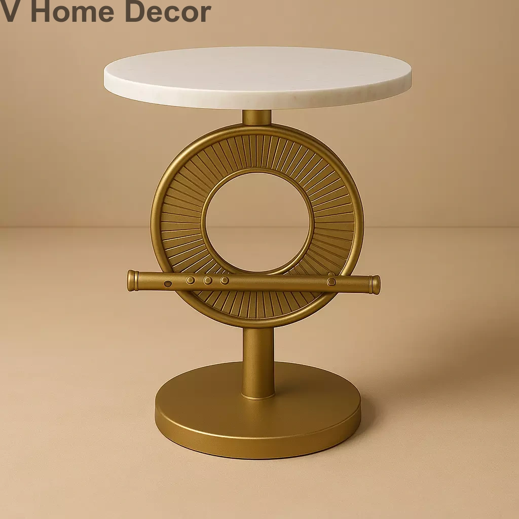 Flute Halo Side Table Q (15” Marble Top) – Krishna’s Divine Melody Cast in Sculptural Light