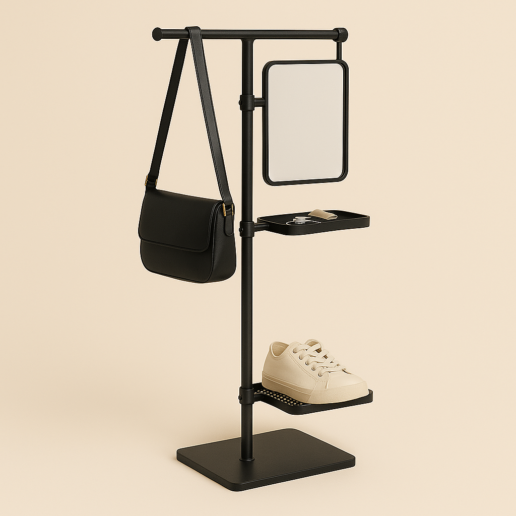 DropBar – Freestanding Entryway Station with Mirror, Tray & Hooks (Easy Assembly, No Wall Drilling)