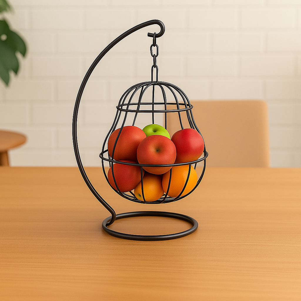 Black Hanging Fruit Cage – Matte Iron Pear-Shaped Organizer for Kitchen & Dining