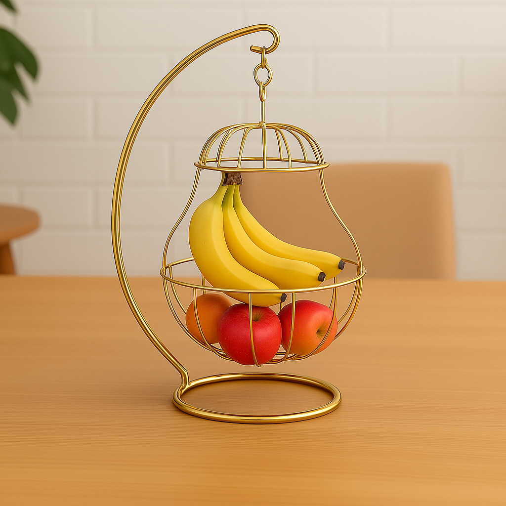 Golden Hanging Fruit Cage – Pear-Shaped Tabletop Organizer with Top Access