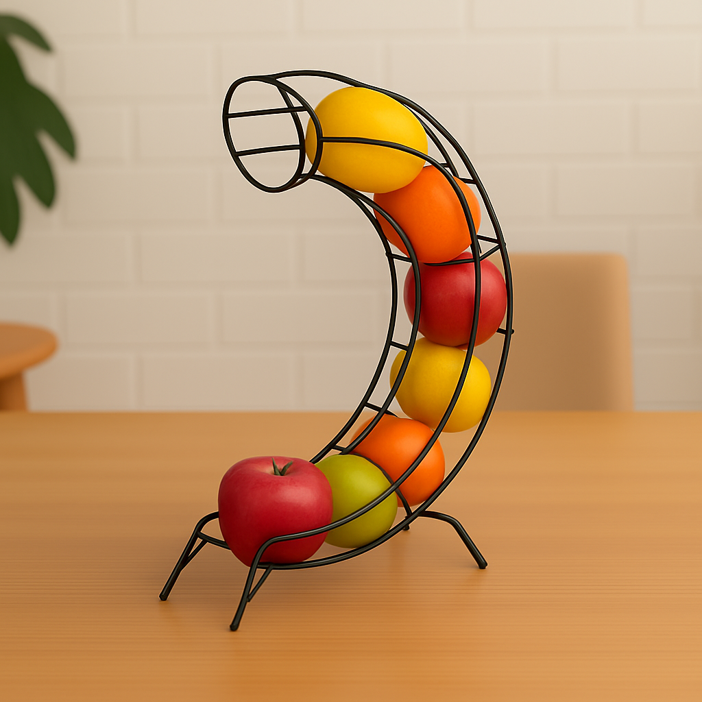 Golden Crescent Fruit Slide – Sculptural Gravity Organizer in Black Matte