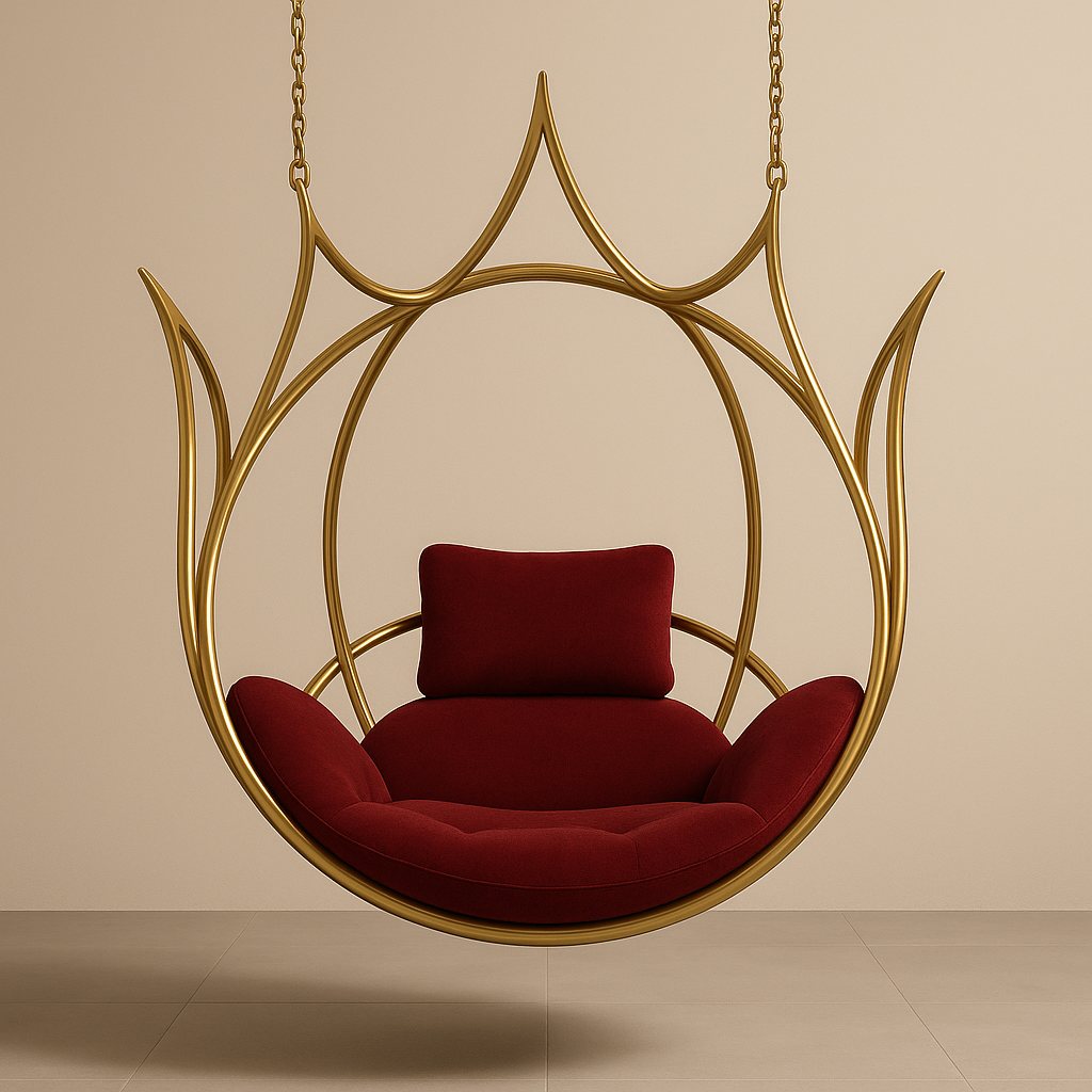 Crown Loop Hanging Swing with Cushions – 48-Inch Sculptural Stainless Steel Jhula for Living Room or Balcony (48x26x48")
