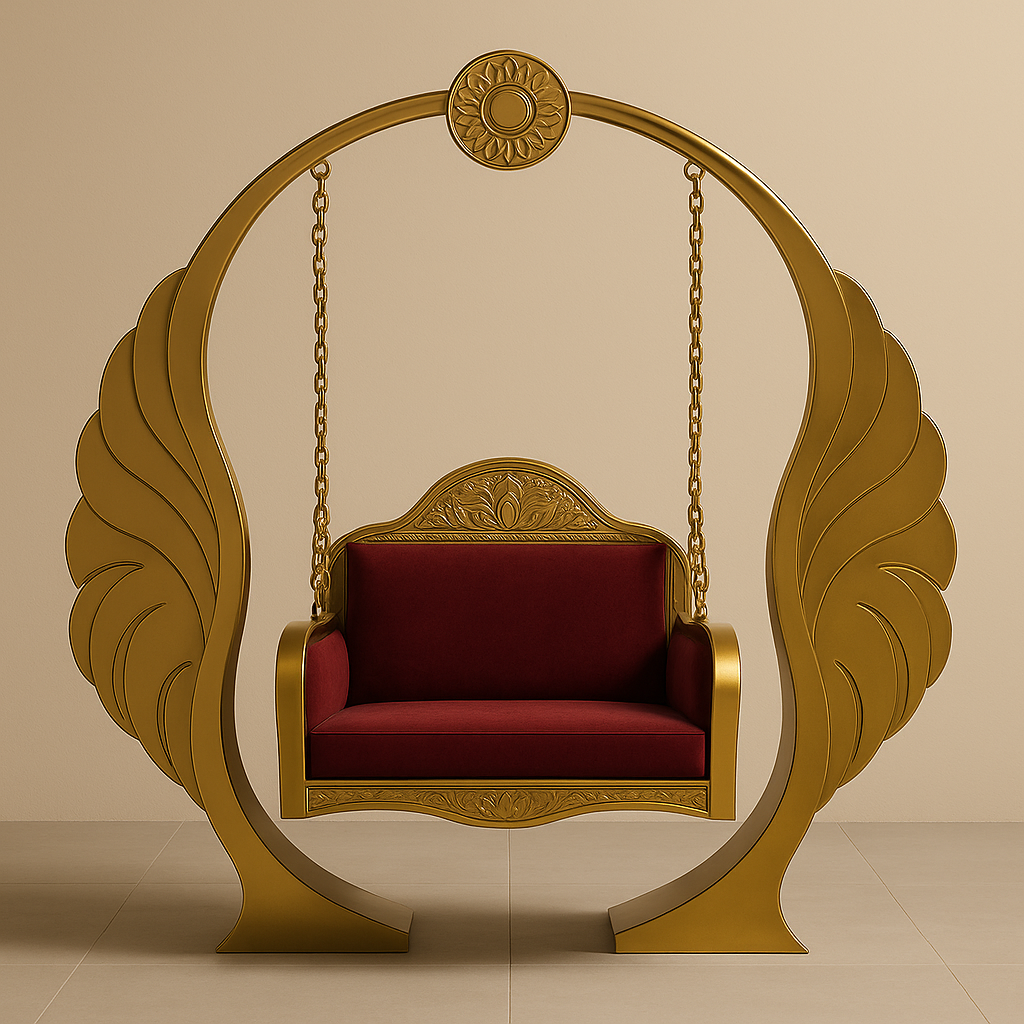 Simha Shakti Floor Swing – 70-Inch Goddess Durga Lion-Inspired Stainless Steel Jhula with Cushions for Puja & Living Spaces (70x32x75")