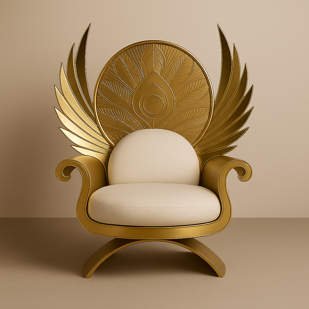 Mayil Pinn Chakra Throne – Peacock Feather Halo Seat in Satin Gold & Ivory Velvet