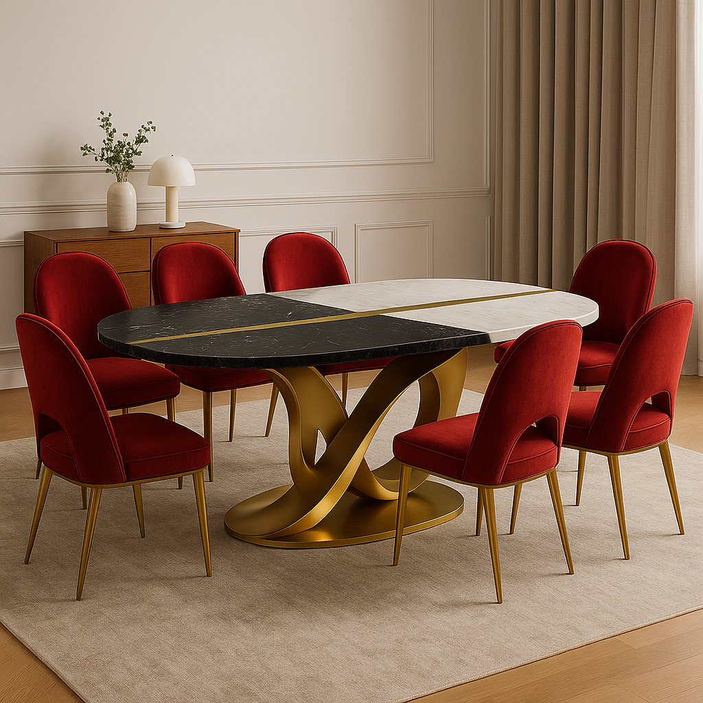 Dual-Tone Luxe Marble Dining Table with Gold Wave Base Red Velvet Chairs