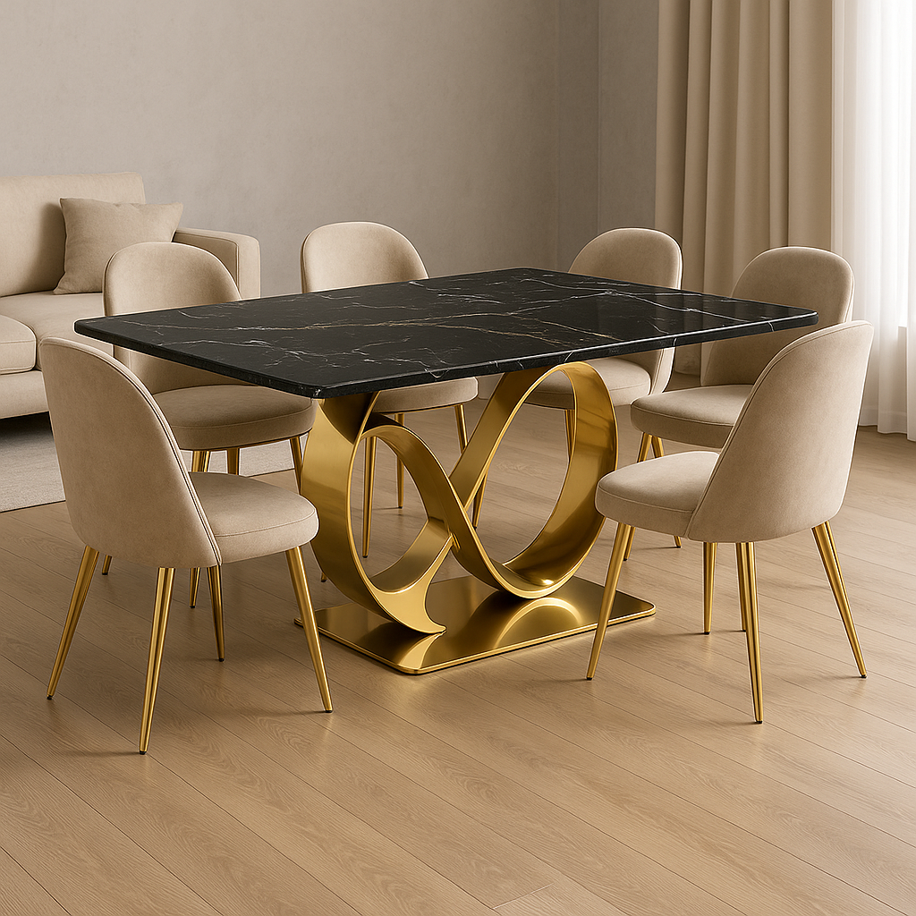 Loop Luxe Dining Table with Black Marble Top Champagne Beige