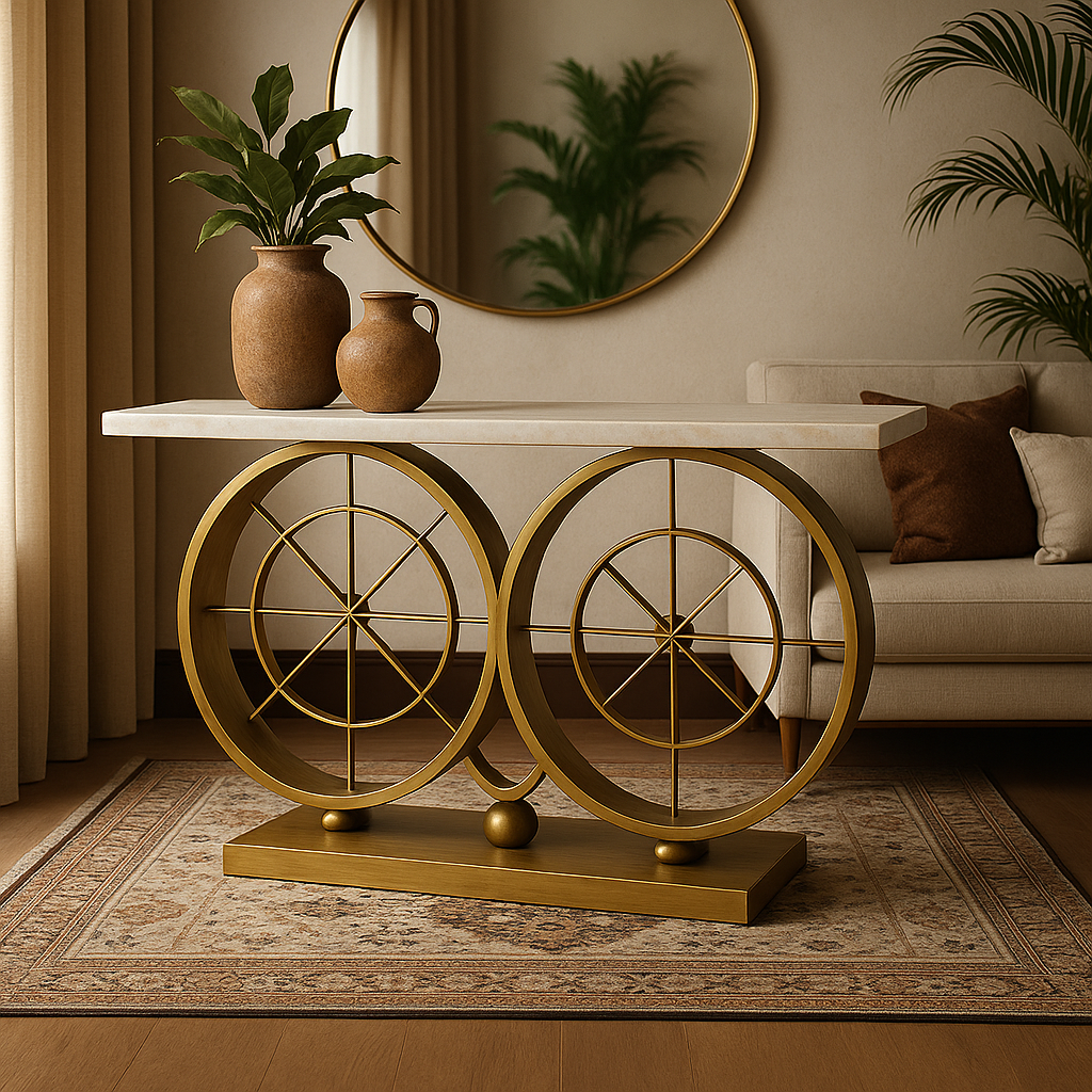AARNA Gold Ring Console Table with White Marble Top – Sculptural Modern Luxury