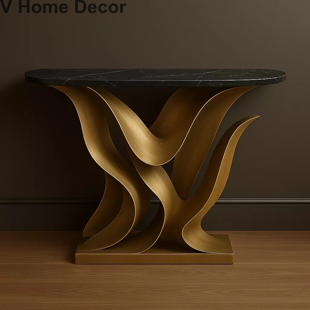 NAZIRA Wave Console Table – Sculptural Gold Base with Black Marble Top