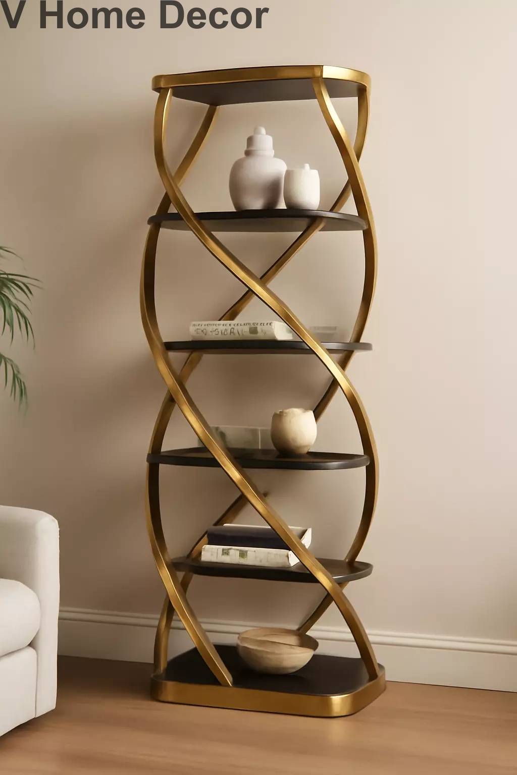Helix Tower Luxury Gold Stainless Steel Rack – Contemporary Spiral Shelving Unit for Living Room & Office