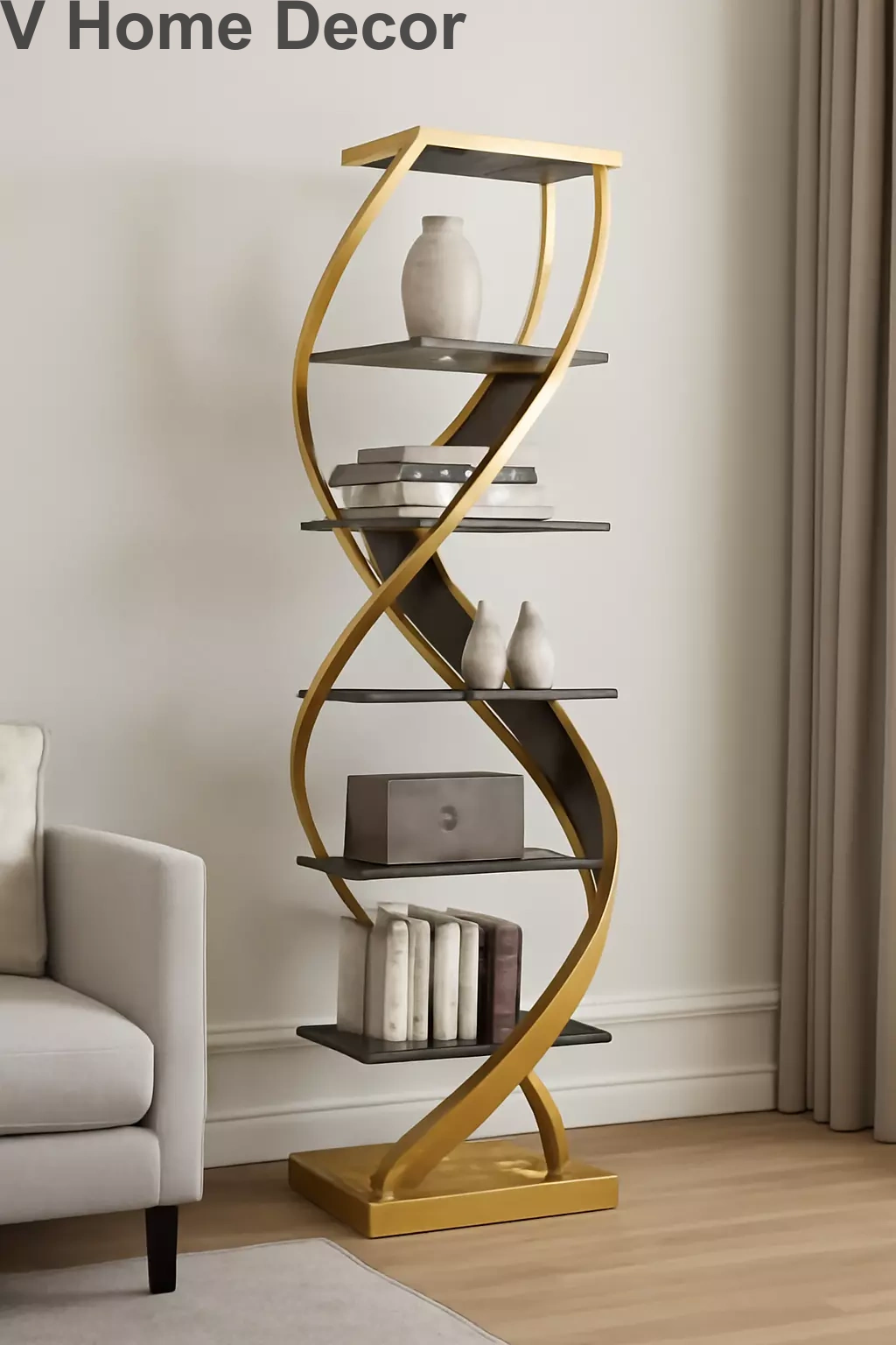 Helix Tower Luxury Gold Stainless Steel Storage Rack – Sculptural Spiral Shelving Unit (72” H x 18” L x 18” W)