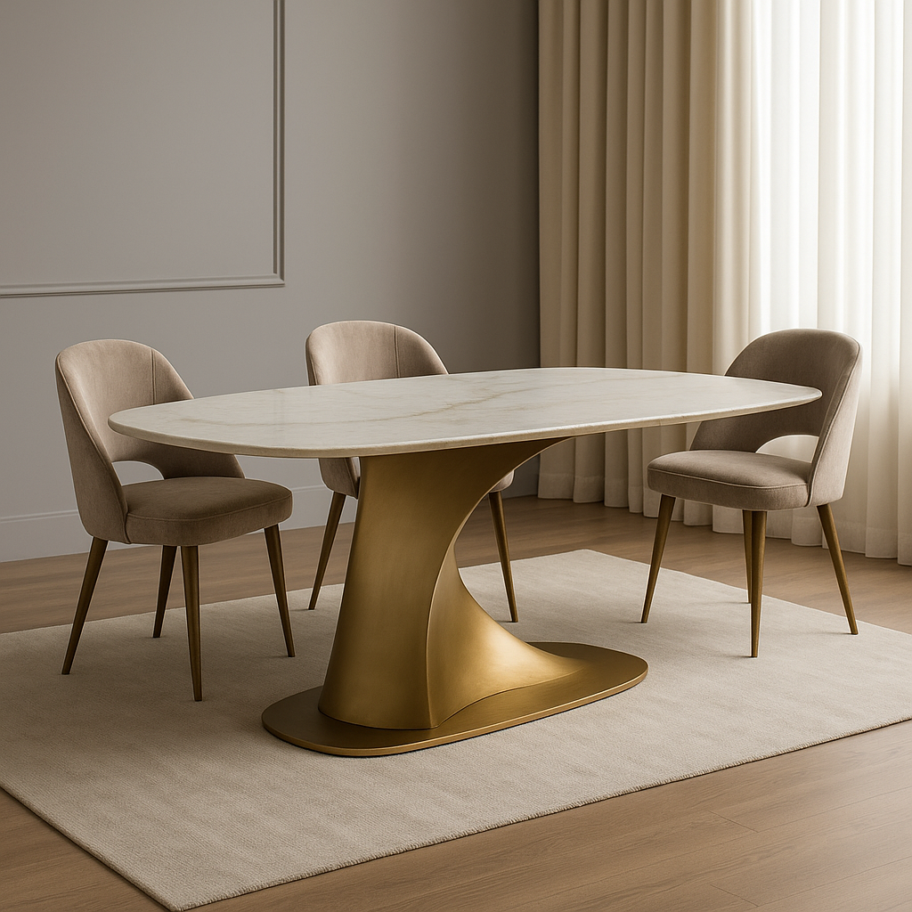 Astra Forme Asymmetrical Dining Table Set – Marble Top with Sculptural Gold Base & Velvet Chairs