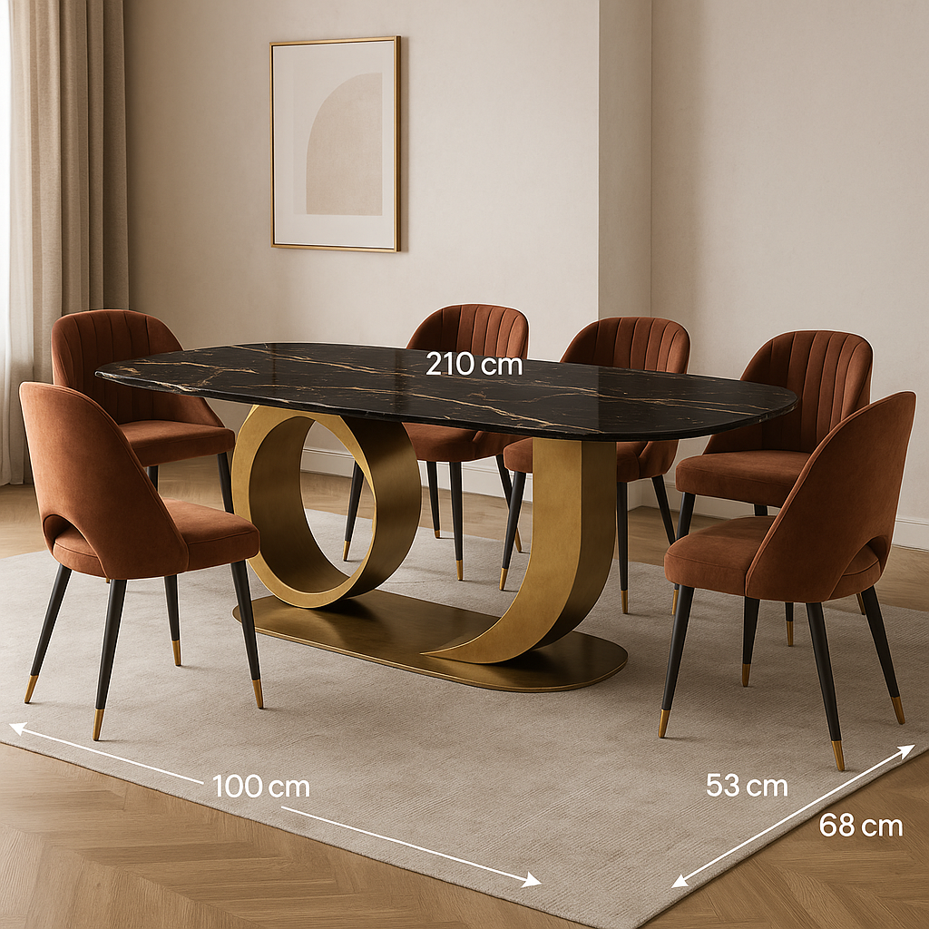 Elysian Arc Black Marble Dining Table Set – Sculptural Brass Base with Velvet Chairs