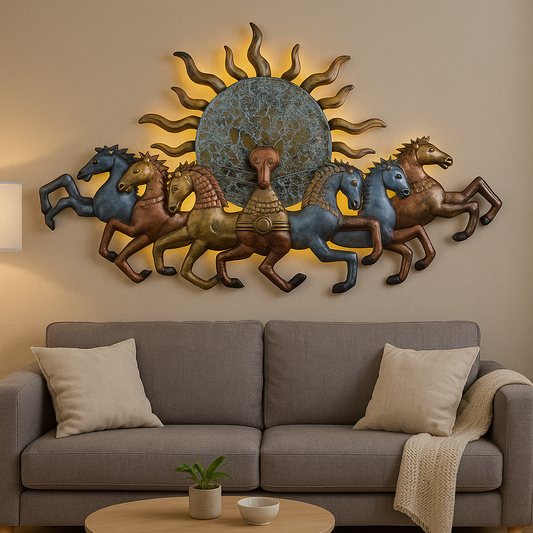 Metal 7 Horse Panel with LED Lights 58 Inch x 34 Inch