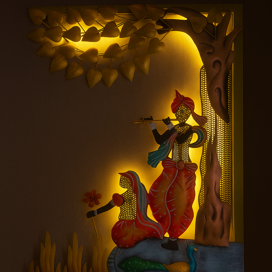 Radha Krishna Under Tree Metal Wall Decor with LED Lights 21 Inch x 32 Inch