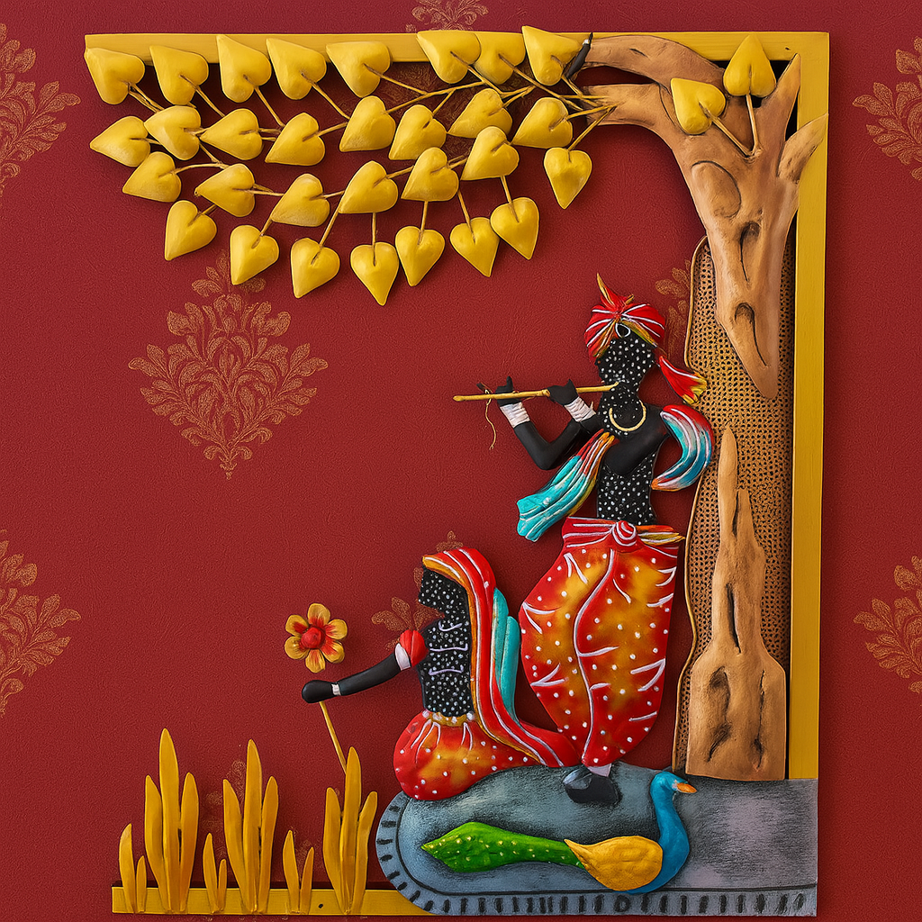 Radha Krishna Under Tree Metal Wall Decor with LED Lights 21 Inch x 32 Inch