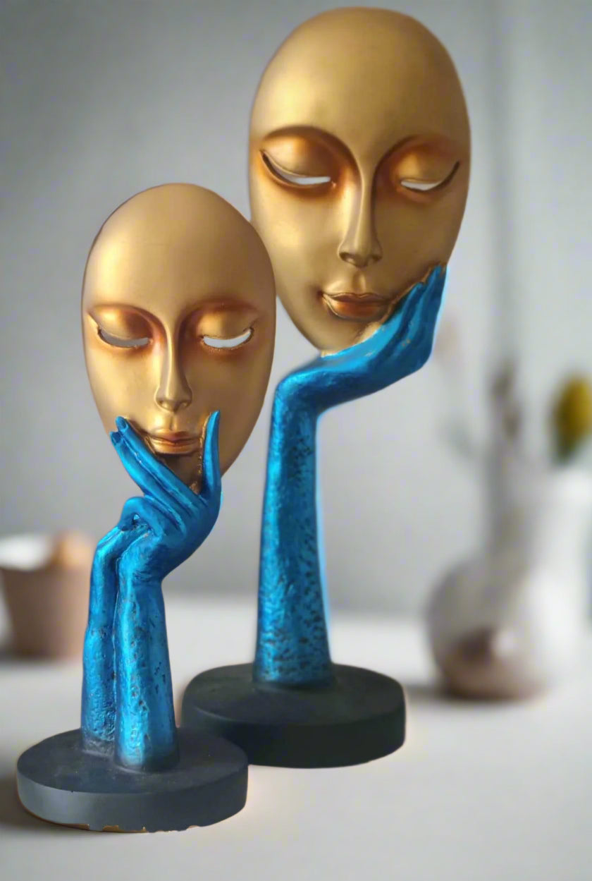 Golden Blue Polyresin Abstract Face-V Home Decor