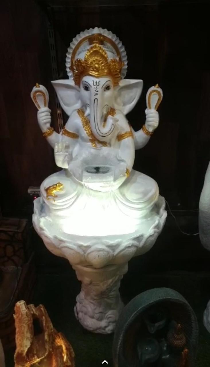 Fibre Ganesh Fountain with white Pillar 48*24-V Home Decor