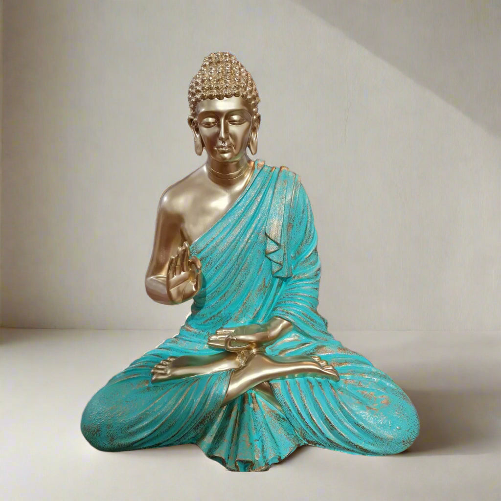 Golden Light Blue Polyresin Fiber Buddha Statue 12*24