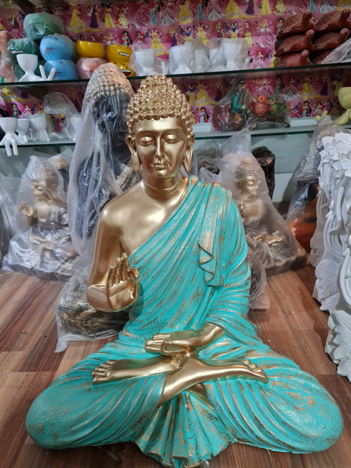 Golden Light Blue Polyresin Fiber Buddha Statue 12*24-V Home Decor