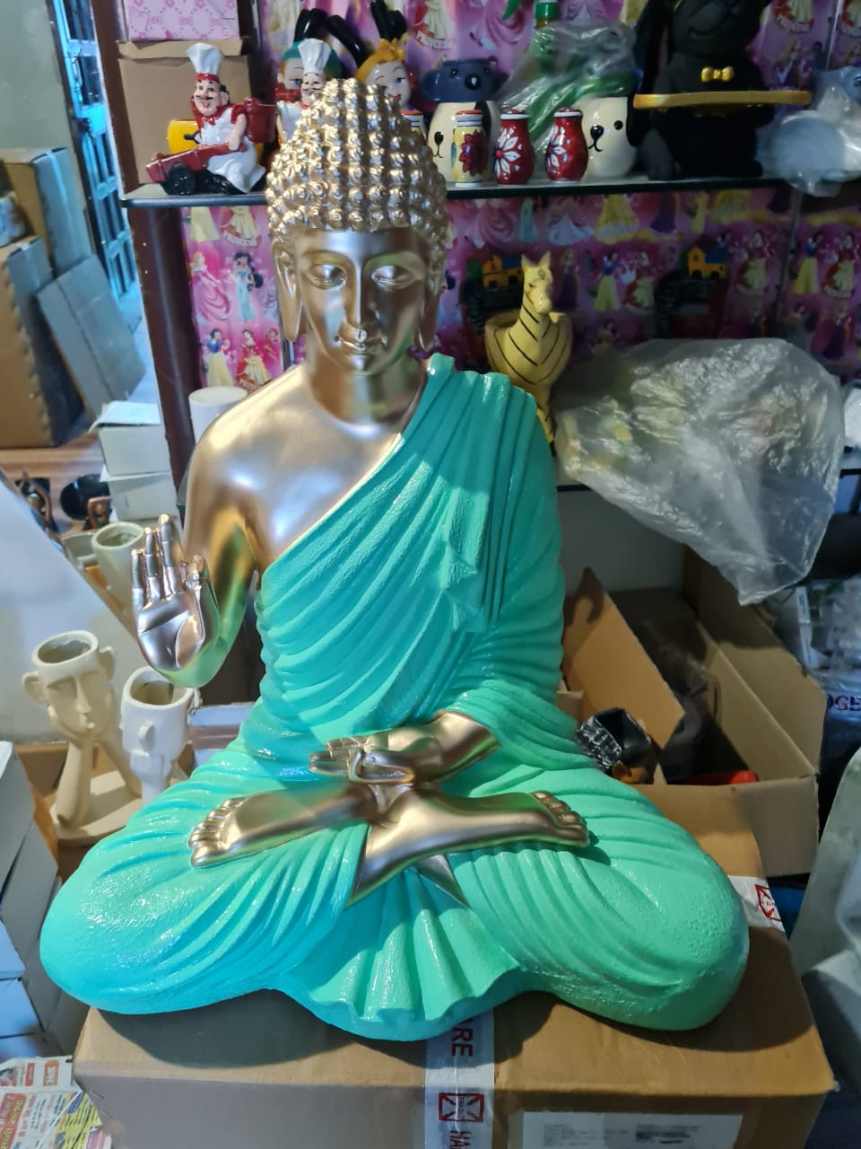 Golden Blue Polyresin Fiber Buddha Statue 12*24-V Home Decor