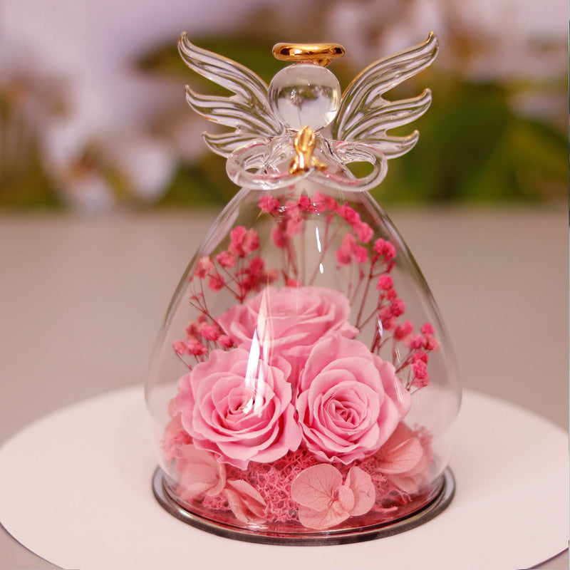 Eternal Flower Gift Box Angel Glass Cover Dried Rose Gift Box For Christmas New Year Valentine's Day Home Decor-V Home Decor