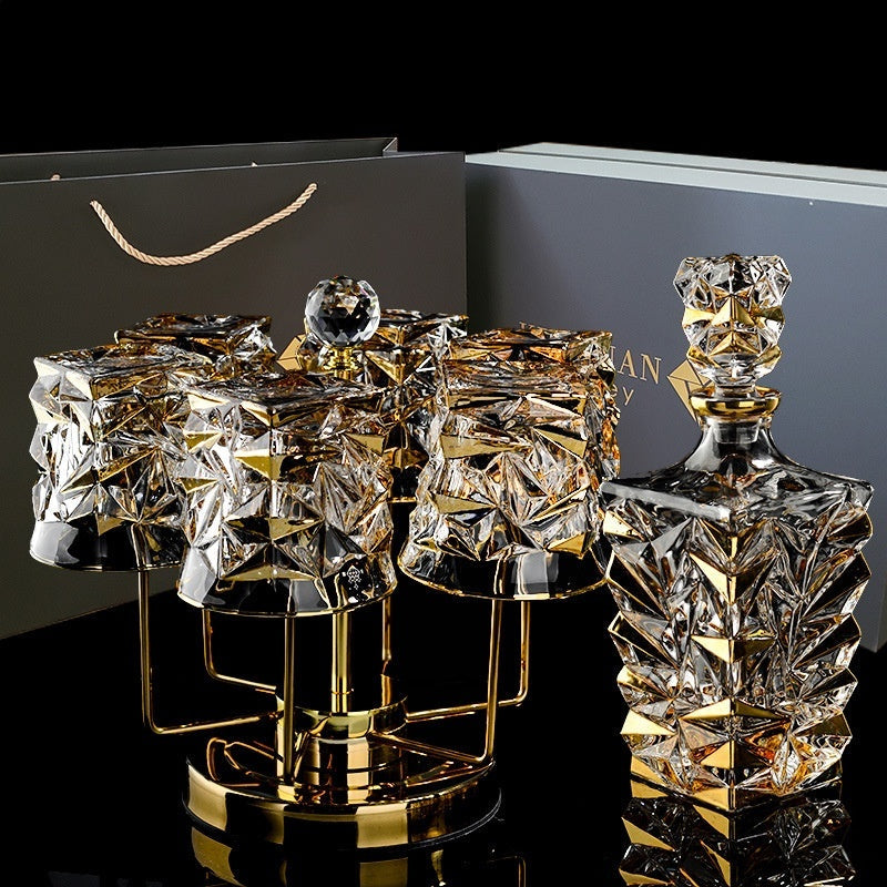 🎁 Luxury Gold Whiskey Shot Glass Wine Bottle Stainless Steel Rotating Cup Holder Gift Set Crystal Glass Wine Glass (100% off)