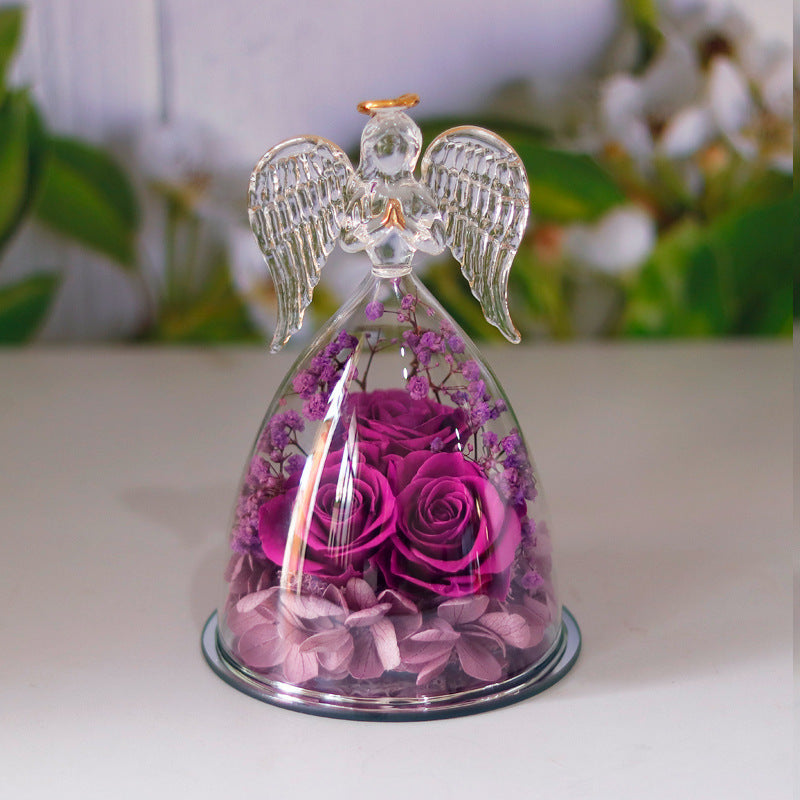 Eternal Flower Gift Box Angel Glass Cover Dried Rose Gift Box For Christmas New Year Valentine's Day Home Decor-V Home Decor