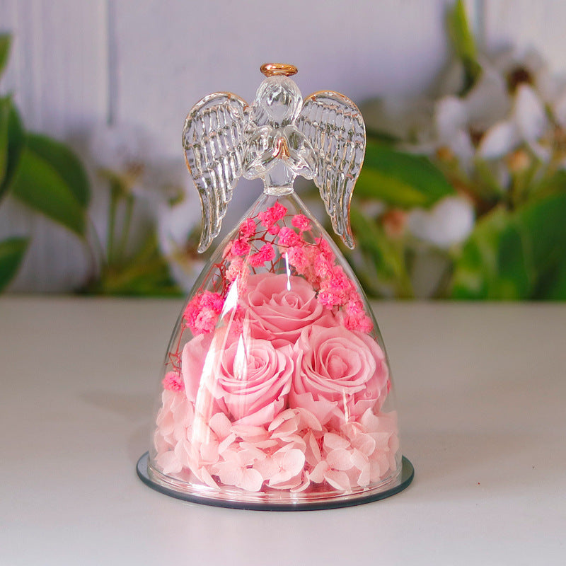 Eternal Flower Gift Box Angel Glass Cover Dried Rose Gift Box For Christmas New Year Valentine's Day Home Decor-V Home Decor