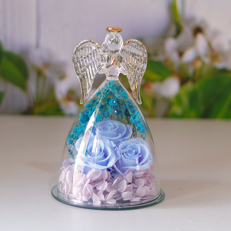 Eternal Flower Gift Box Angel Glass Cover Dried Rose Gift Box For Christmas New Year Valentine's Day Home Decor-V Home Decor