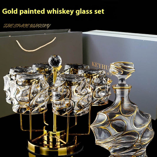 🎁 Luxury Gold Whiskey Shot Glass Wine Bottle Stainless Steel Rotating Cup Holder Gift Set Crystal Glass Wine Glass (100% off)