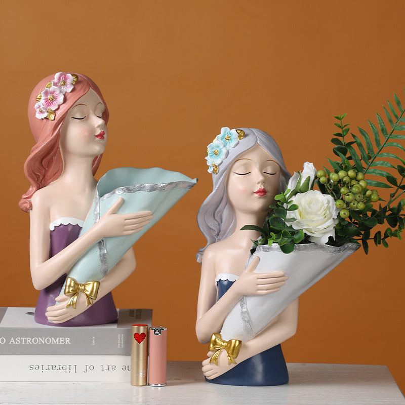 🎁 Creative Bouquet girl Decoration Living Room TV Cabinet Flower Arrangement Vase Soft Resin Crafts Girlfriend Birthday Gift (100% off)