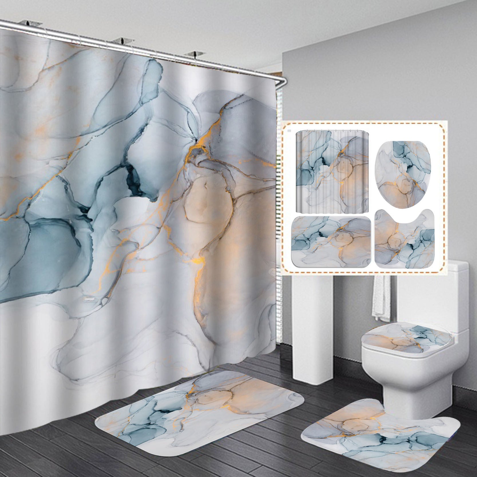 Beautiful Modern Shower Curtains 3D Bathroom Curtain Set Anti-slip Bath Mat Soft Carpet Water Absorption Rugs Home Decoration-V Home Decor