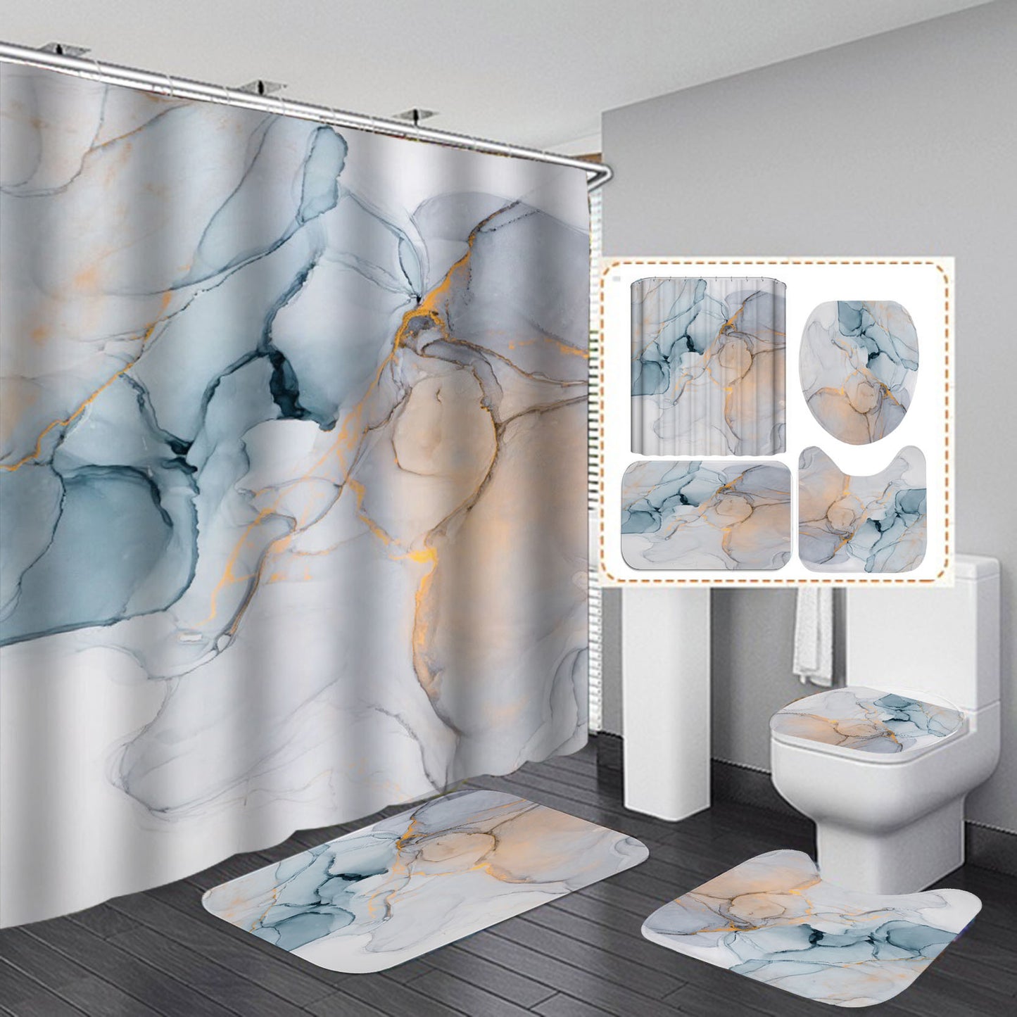 Beautiful Modern Shower Curtains 3D Bathroom Curtain Set Anti-slip Bath Mat Soft Carpet Water Absorption Rugs Home Decoration-V Home Decor