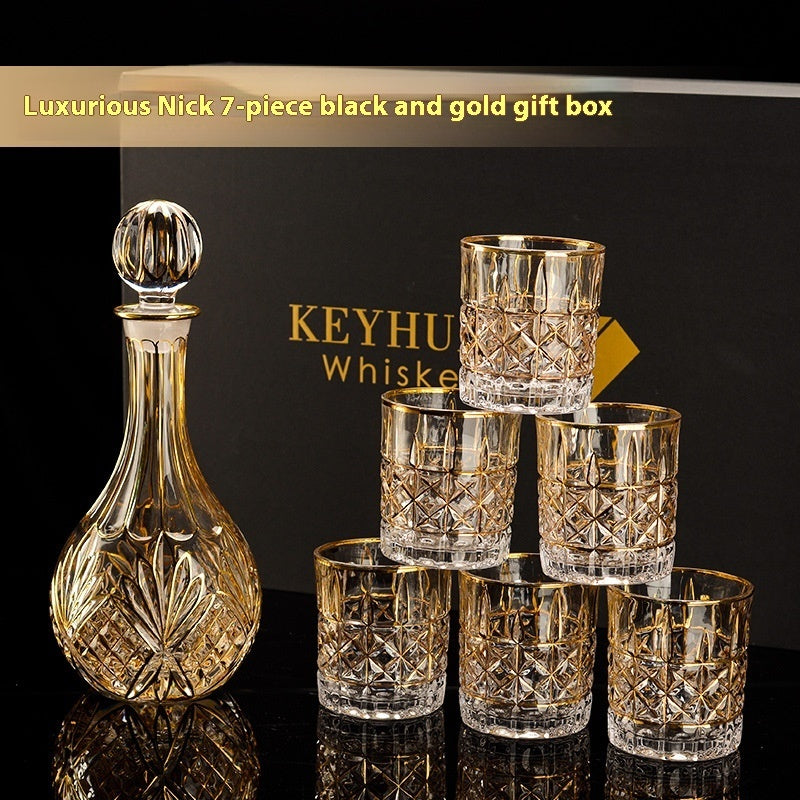 🎁 Luxury Gold Whiskey Shot Glass Wine Bottle Stainless Steel Rotating Cup Holder Gift Set Crystal Glass Wine Glass (100% off)