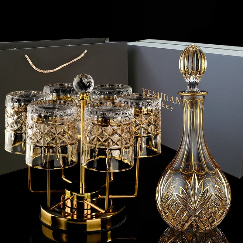 🎁 Luxury Gold Whiskey Shot Glass Wine Bottle Stainless Steel Rotating Cup Holder Gift Set Crystal Glass Wine Glass (100% off)