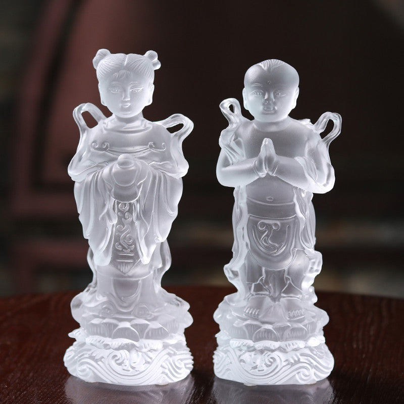 Colored Glass Sending Son Avalokitesvara Buddha Statue Golden Boy And Jade Girl Ornament