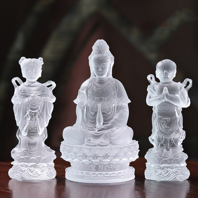 Colored Glass Sending Son Avalokitesvara Buddha Statue Golden Boy And Jade Girl Ornament