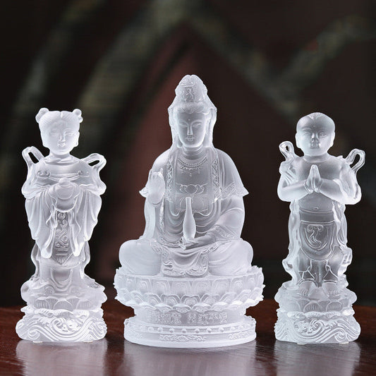 🎁 Colored Glass Sending Son Avalokitesvara Buddha Statue Golden Boy And Jade Girl Ornament (100% off)
