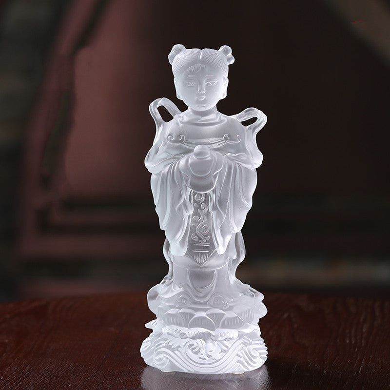 Colored Glass Sending Son Avalokitesvara Buddha Statue Golden Boy And Jade Girl Ornament