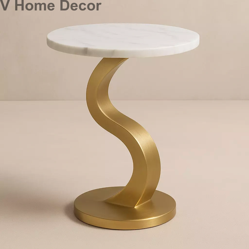 Metal S-Shaped Side Table with 15-Inch Marble Top – Designer Accent Pedestal for Living Room & Bedroom